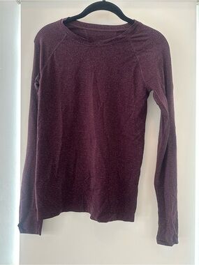 Athleta Long Sleeve Crewneck Top - deep mauve with silver glitter slim stripes